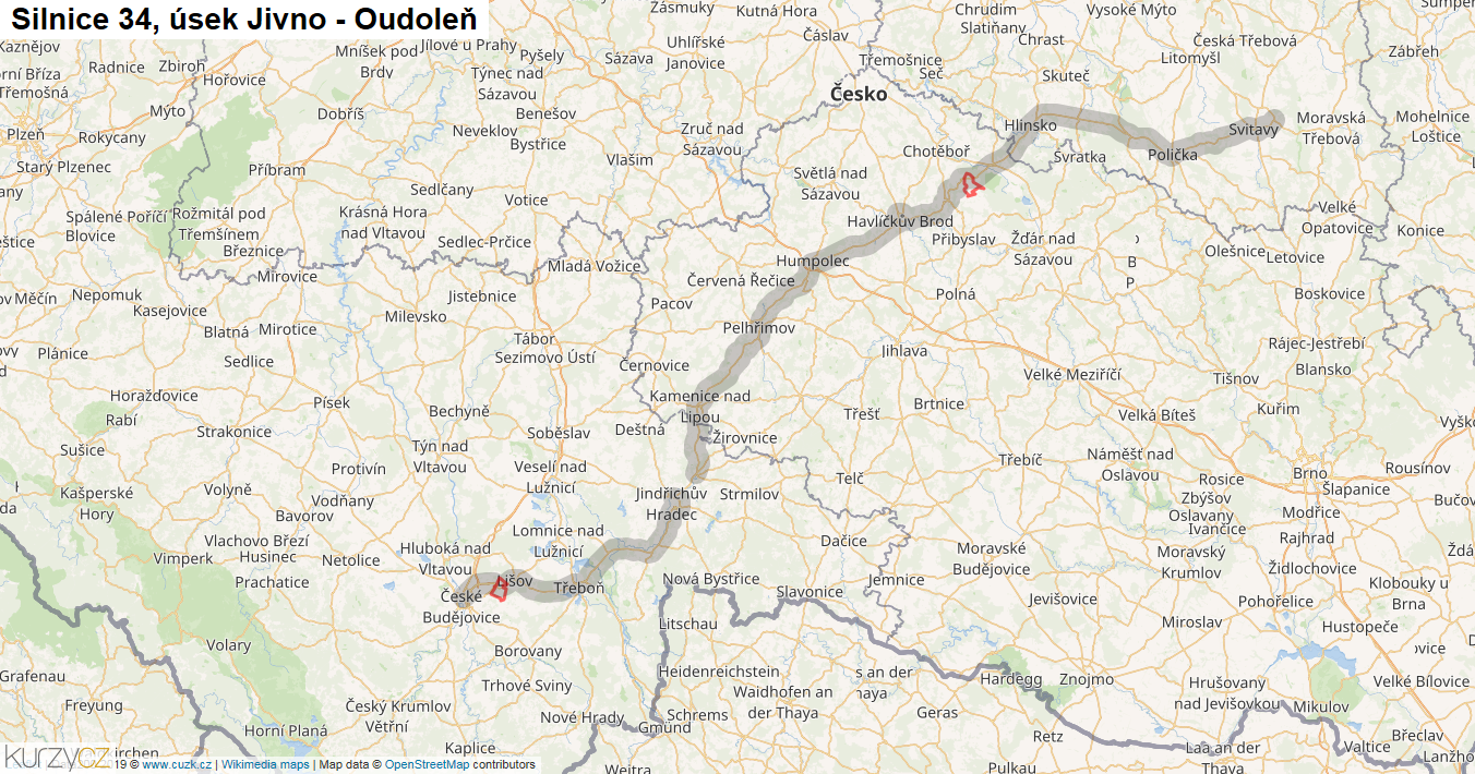 Úsek Jivno - Oudoleň, Silnice 34 - Mapa