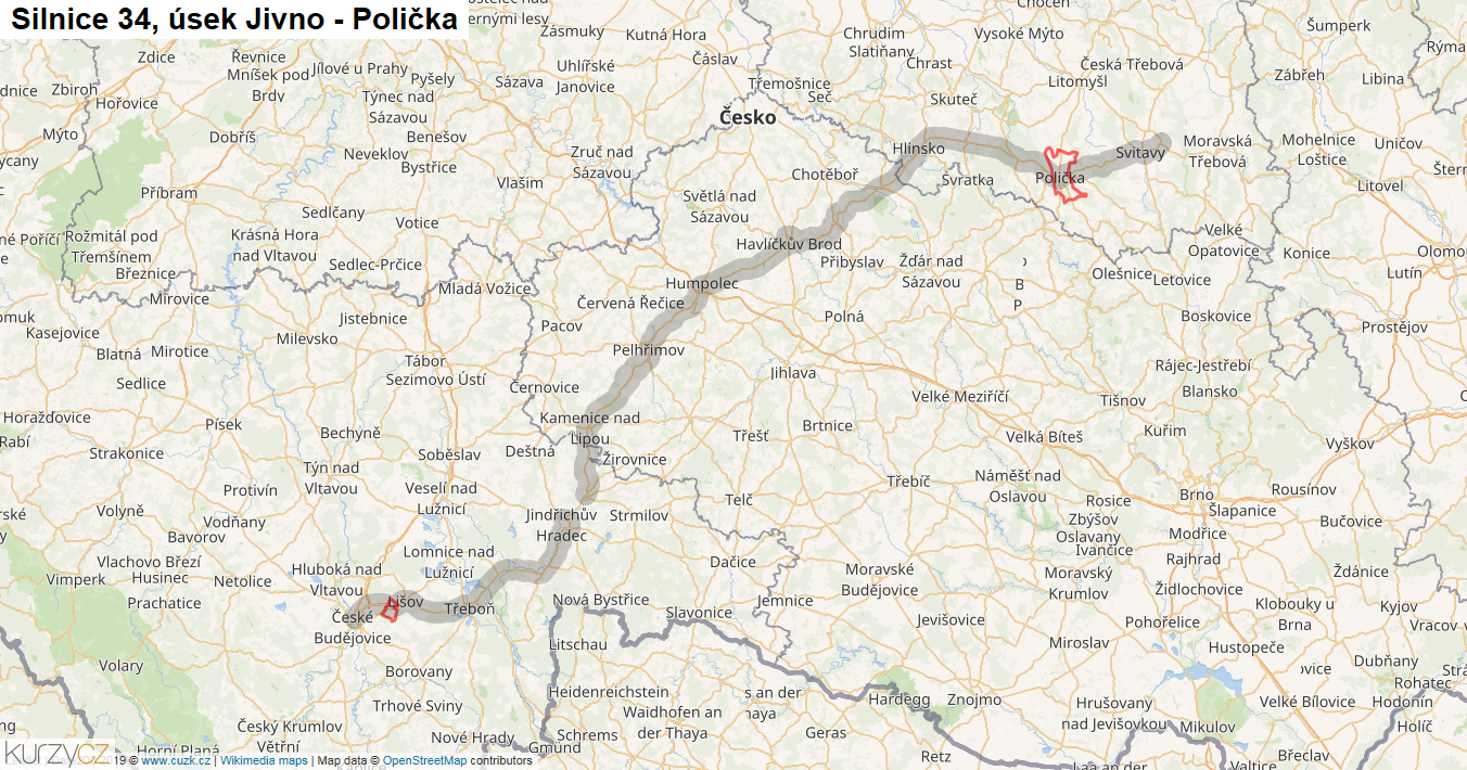 Úsek Jivno - Polička, Silnice 34 - Mapa
