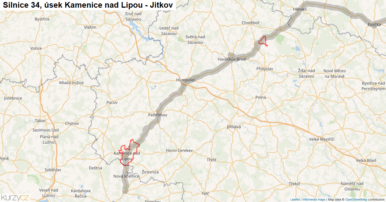 Úsek Kamenice nad Lipou - Jitkov, Silnice 34 - Mapa