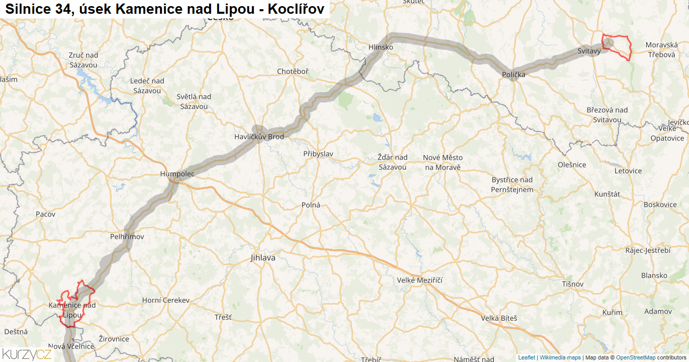 Úsek Kamenice nad Lipou - Koclířov, Silnice 34 - Mapa