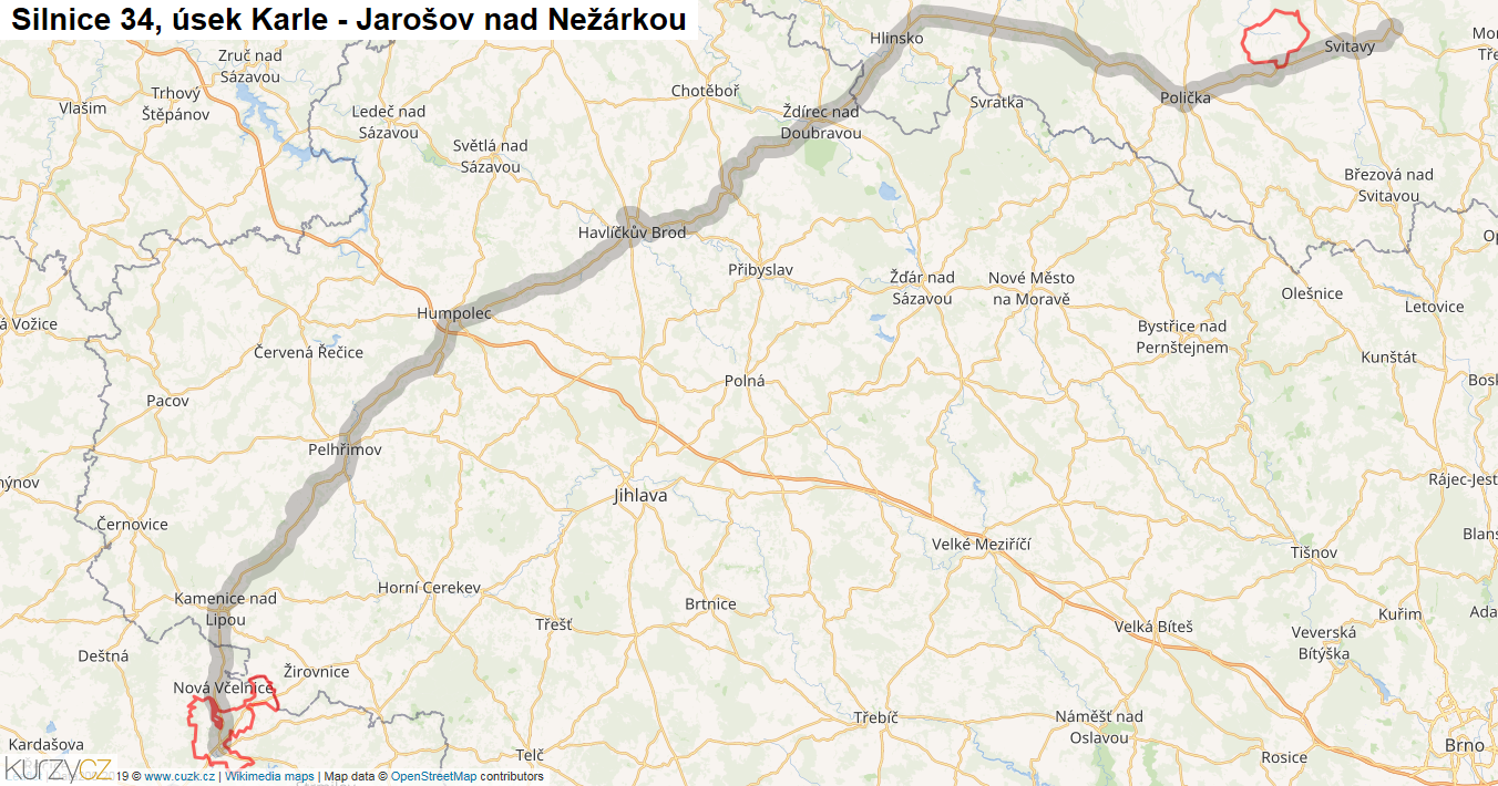 Úsek Karle - Jarošov nad Nežárkou, Silnice 34 - Mapa