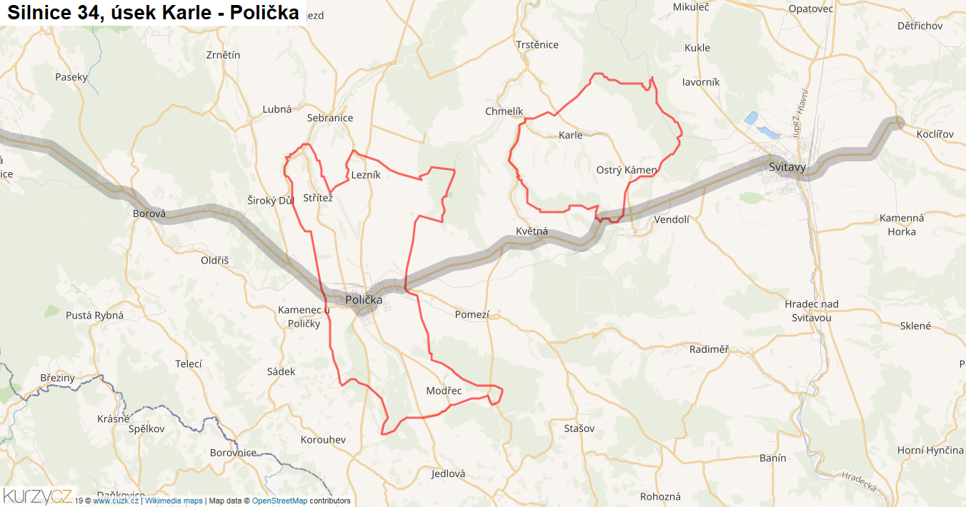 Úsek Karle - Polička, Silnice 34 - Mapa