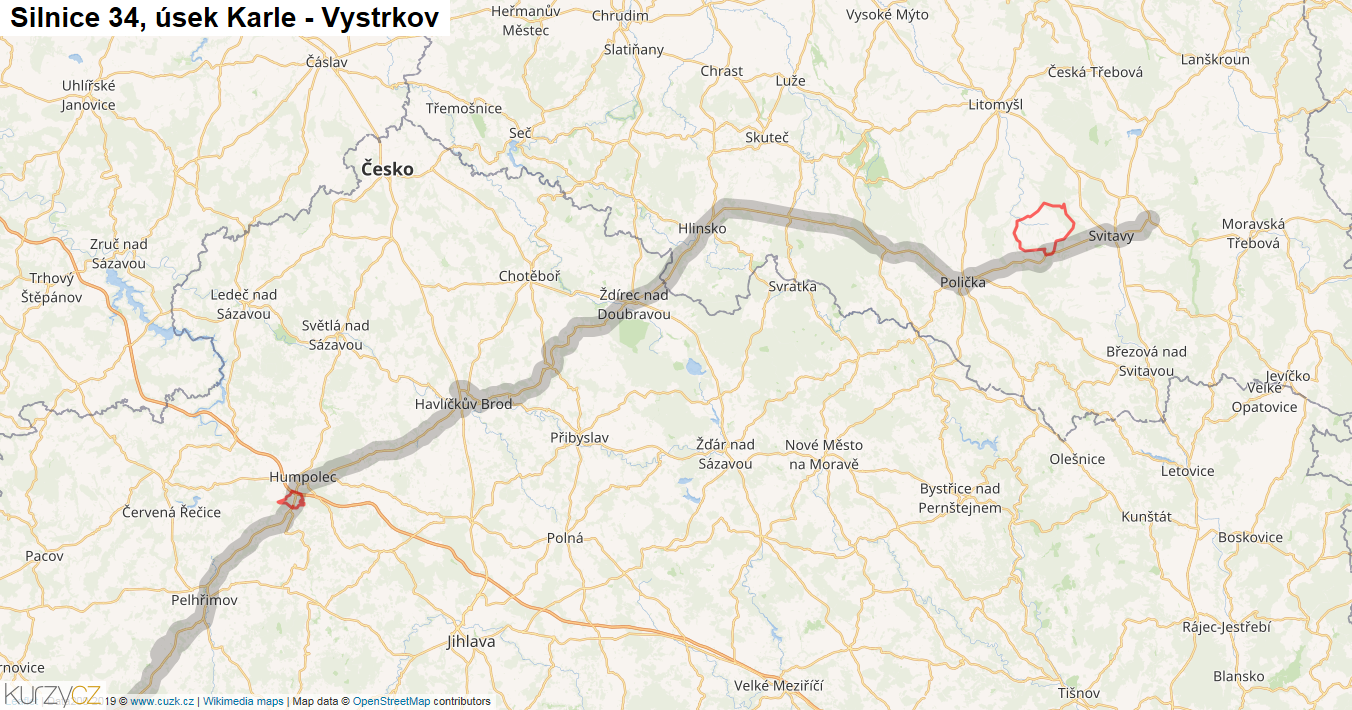 Úsek Karle - Vystrkov, Silnice 34 - Mapa