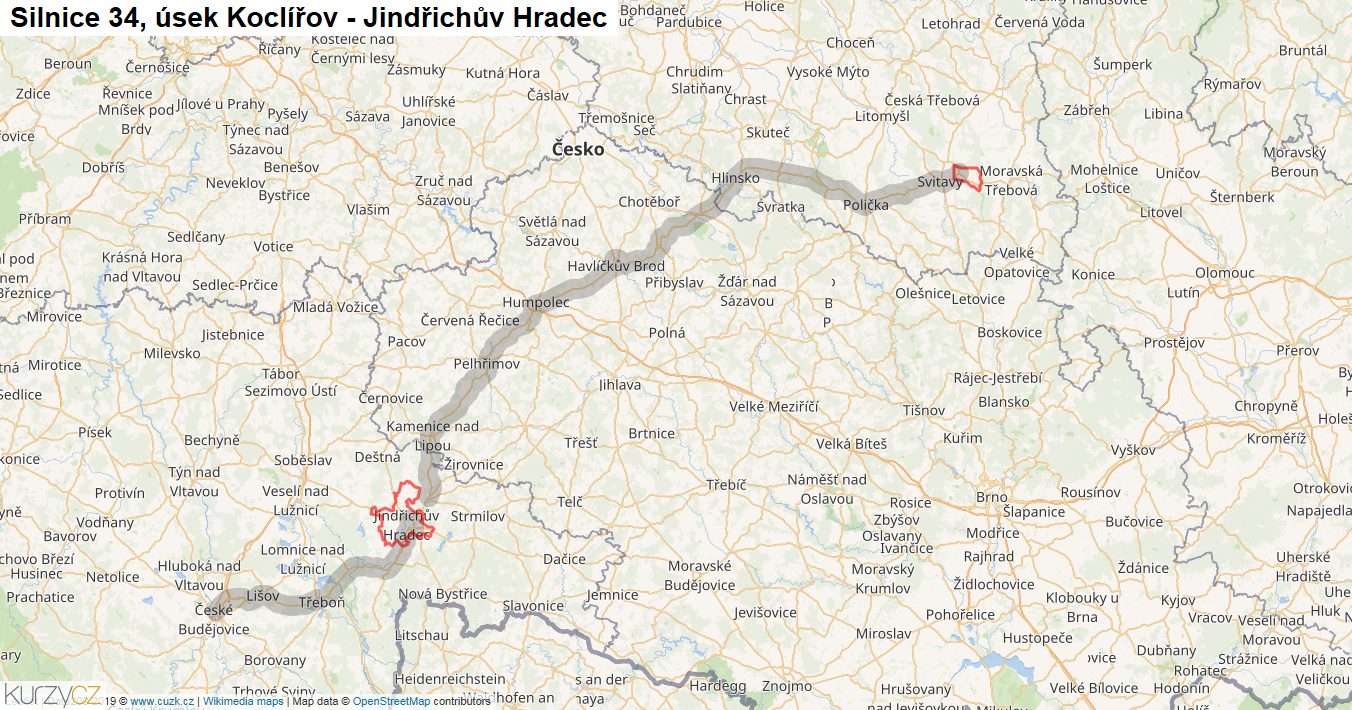 Úsek Koclířov - Jindřichův Hradec, Silnice 34 - Mapa