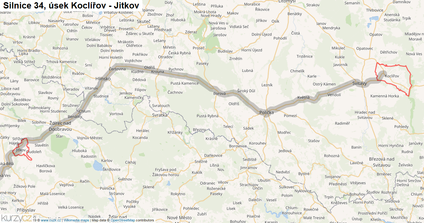 Úsek Koclířov - Jitkov, Silnice 34 - Mapa
