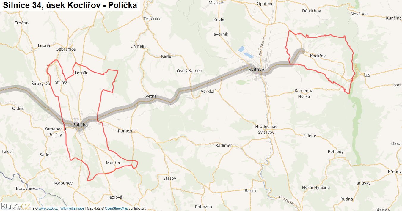 Úsek Koclířov - Polička, Silnice 34 - Mapa