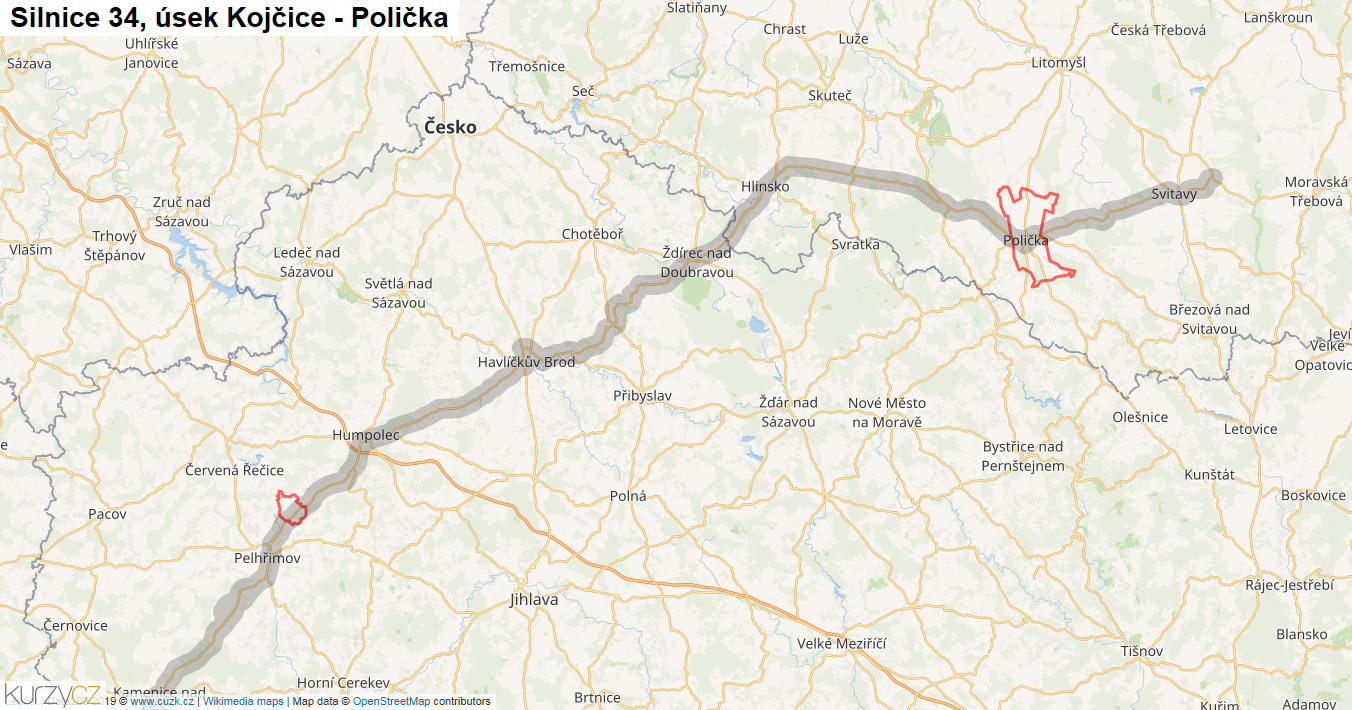 Úsek Kojčice - Polička, Silnice 34 - Mapa