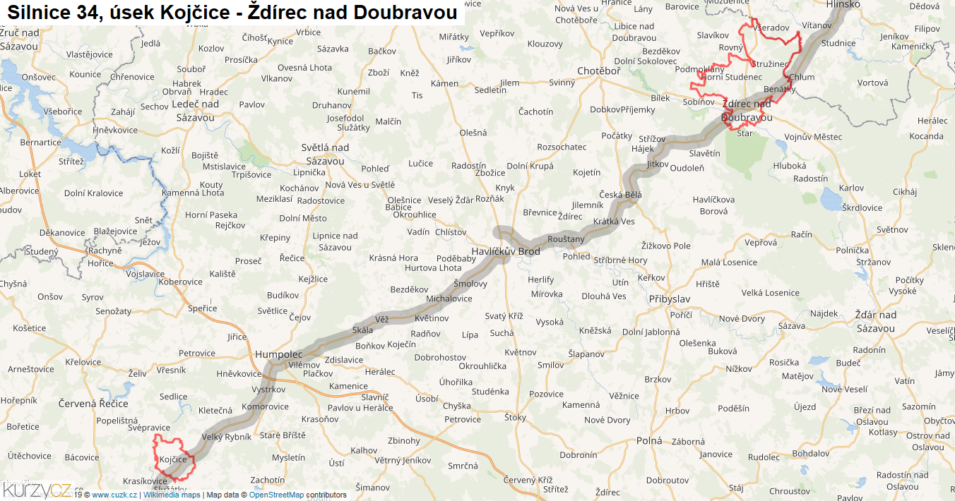 Úsek Kojčice - Ždírec nad Doubravou, Silnice 34 - Mapa