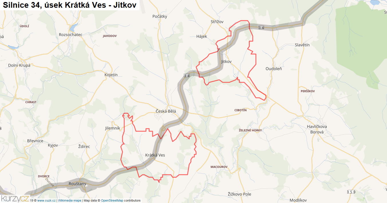 Úsek Krátká Ves - Jitkov, Silnice 34 - Mapa