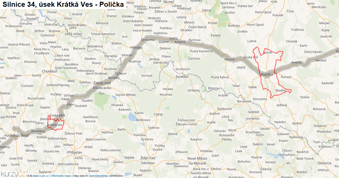Úsek Krátká Ves - Polička, Silnice 34 - Mapa
