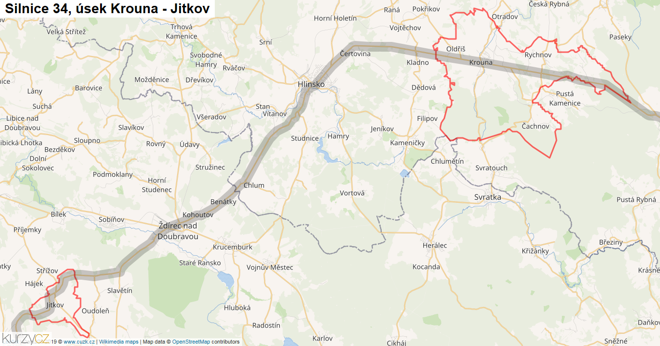 Úsek Krouna - Jitkov, Silnice 34 - Mapa