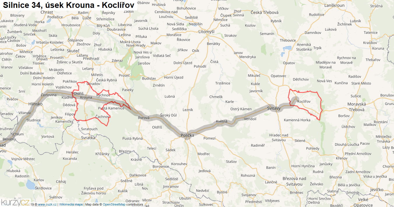Úsek Krouna - Koclířov, Silnice 34 - Mapa