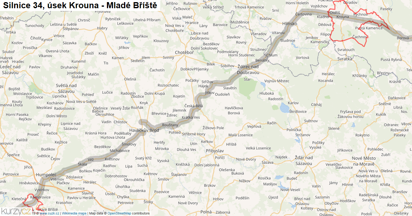Úsek Krouna - Mladé Bříště, Silnice 34 - Mapa