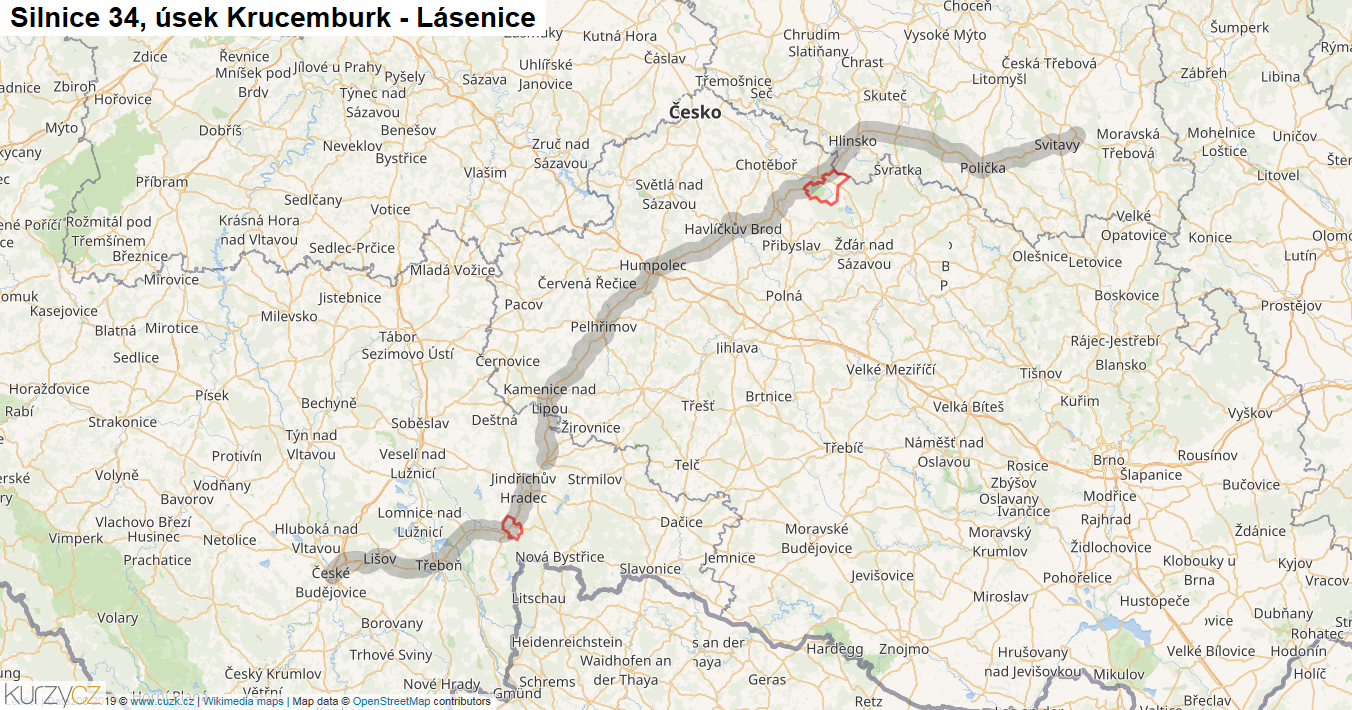 Úsek Krucemburk - Lásenice, Silnice 34 - Mapa