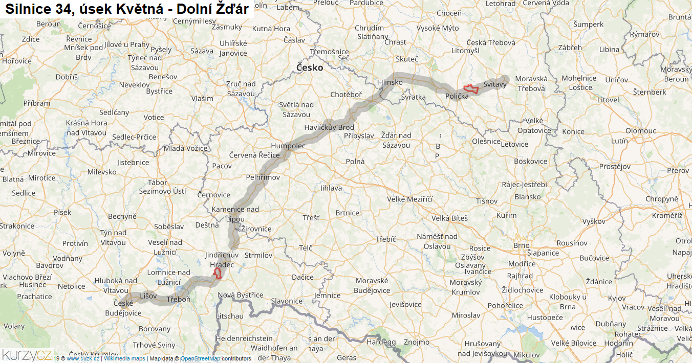 Úsek Květná - Dolní Žďár, Silnice 34 - Mapa