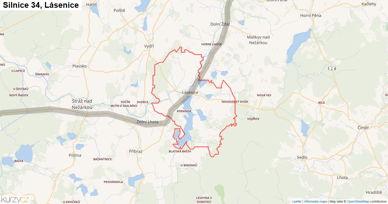 Lásenice, Silnice 34 - Mapa