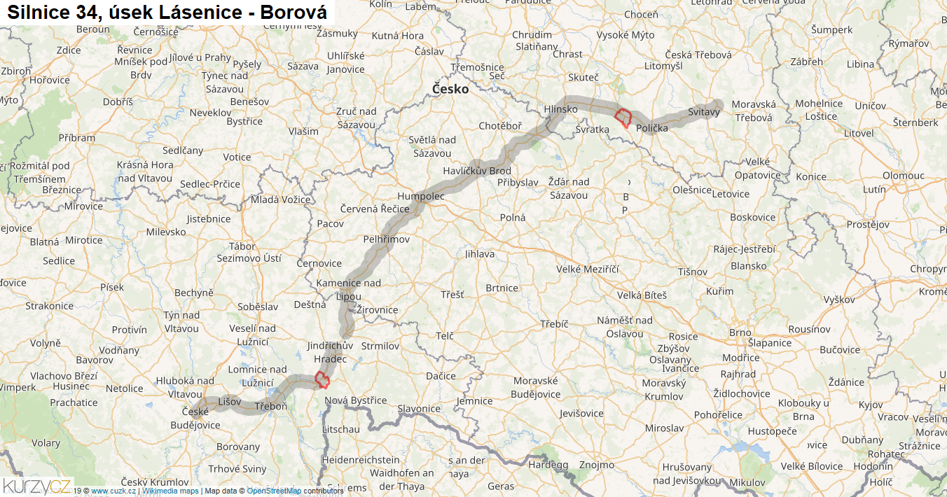 Úsek Lásenice - Borová, Silnice 34 - Mapa