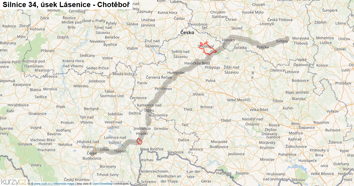 Úsek Lásenice - Chotěboř, Silnice 34 - Mapa