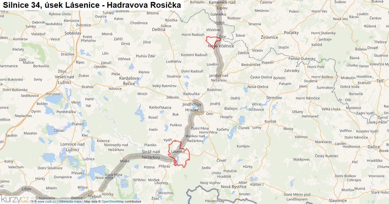 Úsek Lásenice - Hadravova Rosička, Silnice 34 - Mapa
