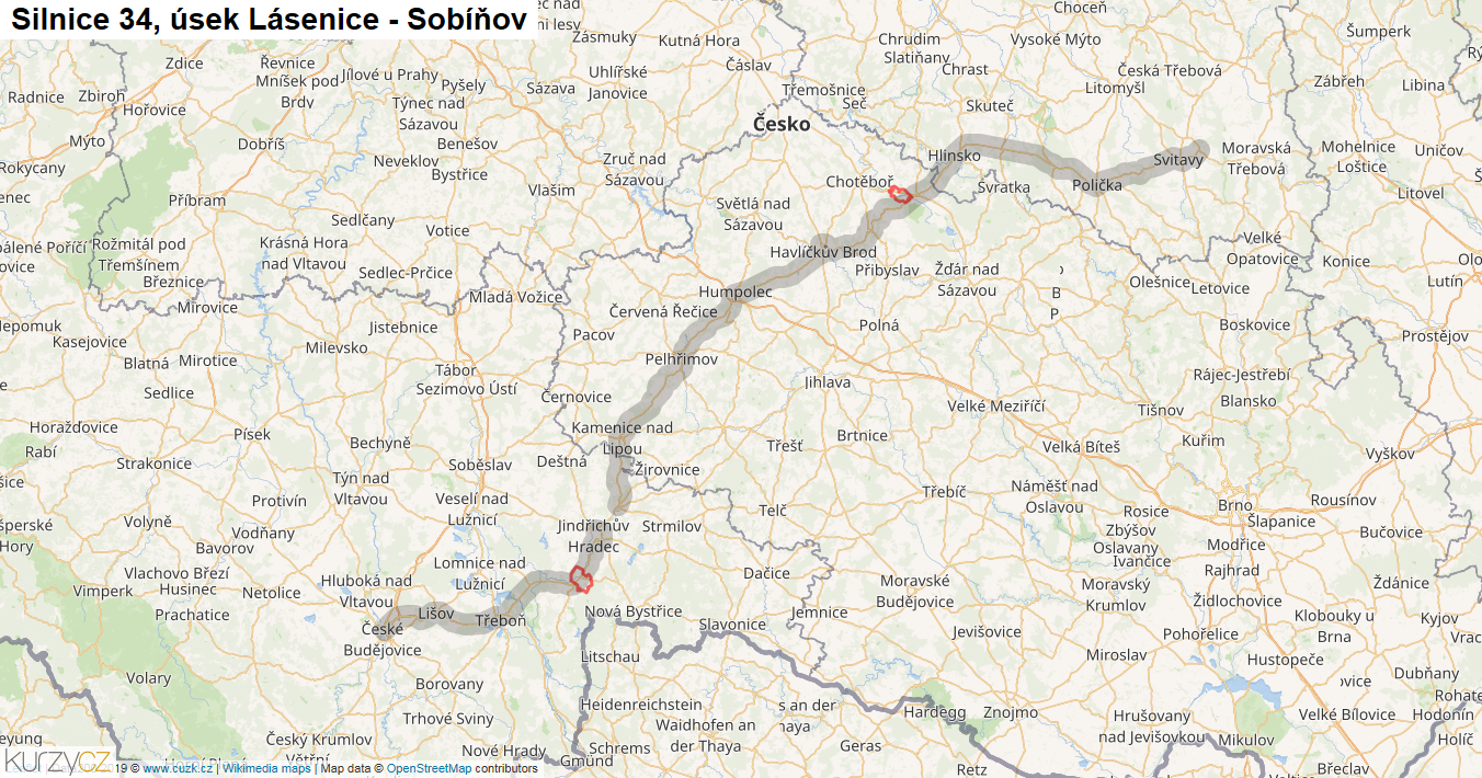 Úsek Lásenice - Sobíňov, Silnice 34 - Mapa
