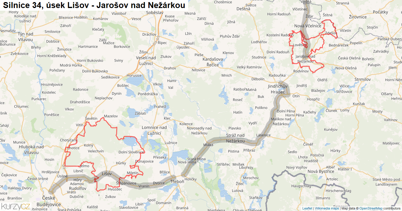 Úsek Lišov - Jarošov nad Nežárkou, Silnice 34 - Mapa