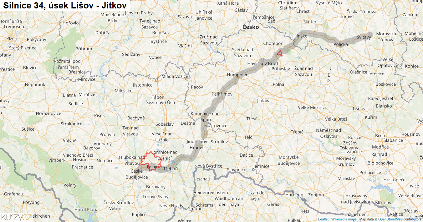 Úsek Lišov - Jitkov, Silnice 34 - Mapa