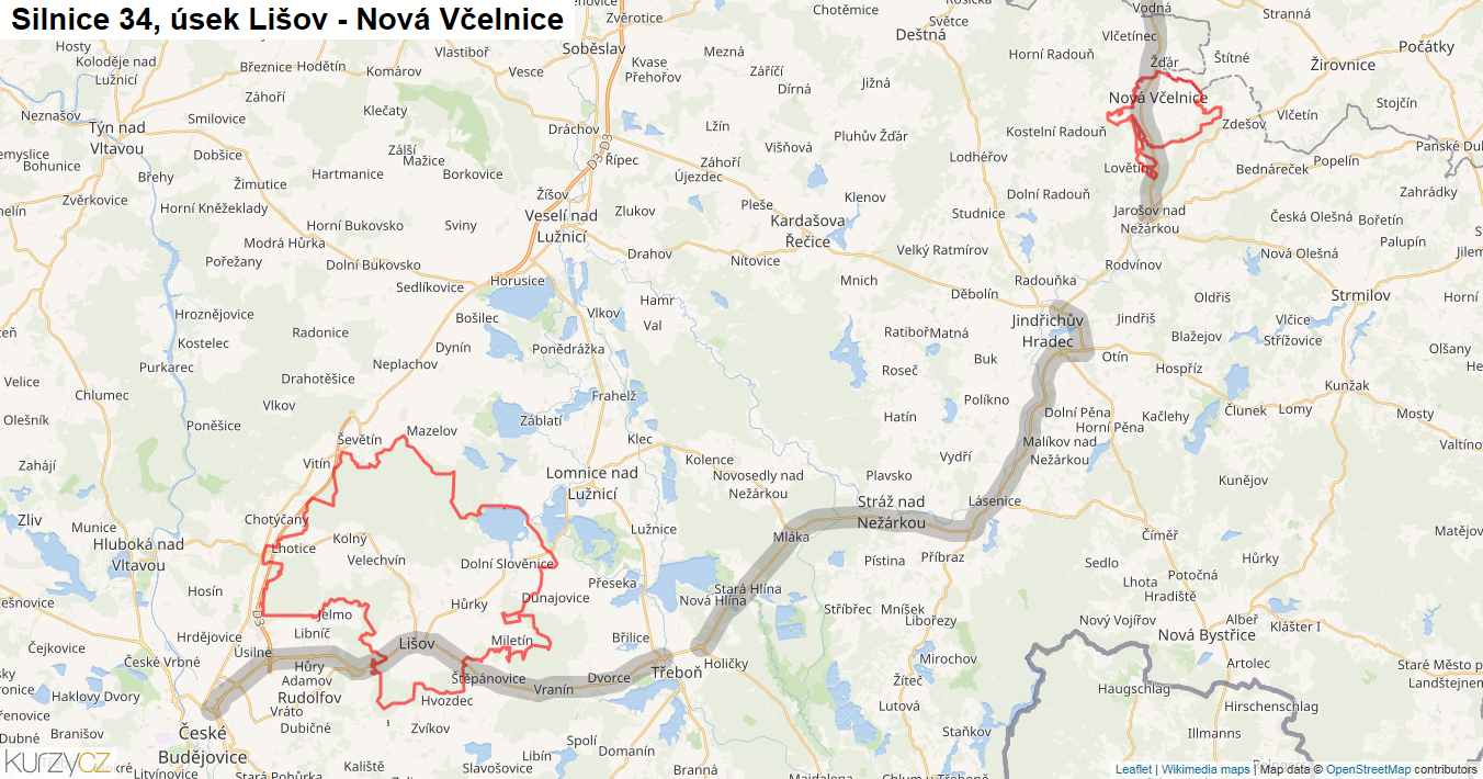 Úsek Lišov - Nová Včelnice, Silnice 34 - Mapa
