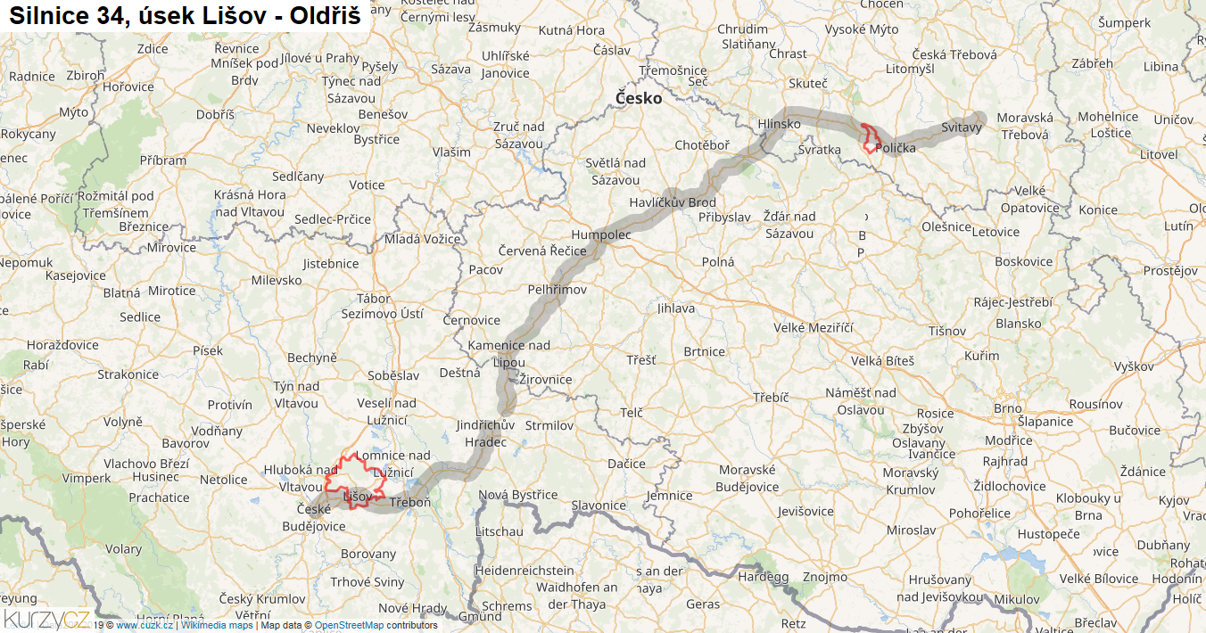 Úsek Lišov - Oldřiš, Silnice 34 - Mapa