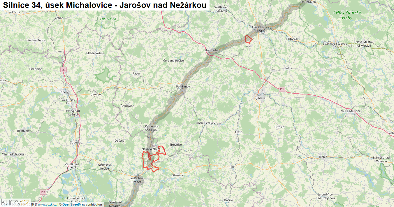 Úsek Michalovice - Jarošov nad Nežárkou, Silnice 34 - Mapa