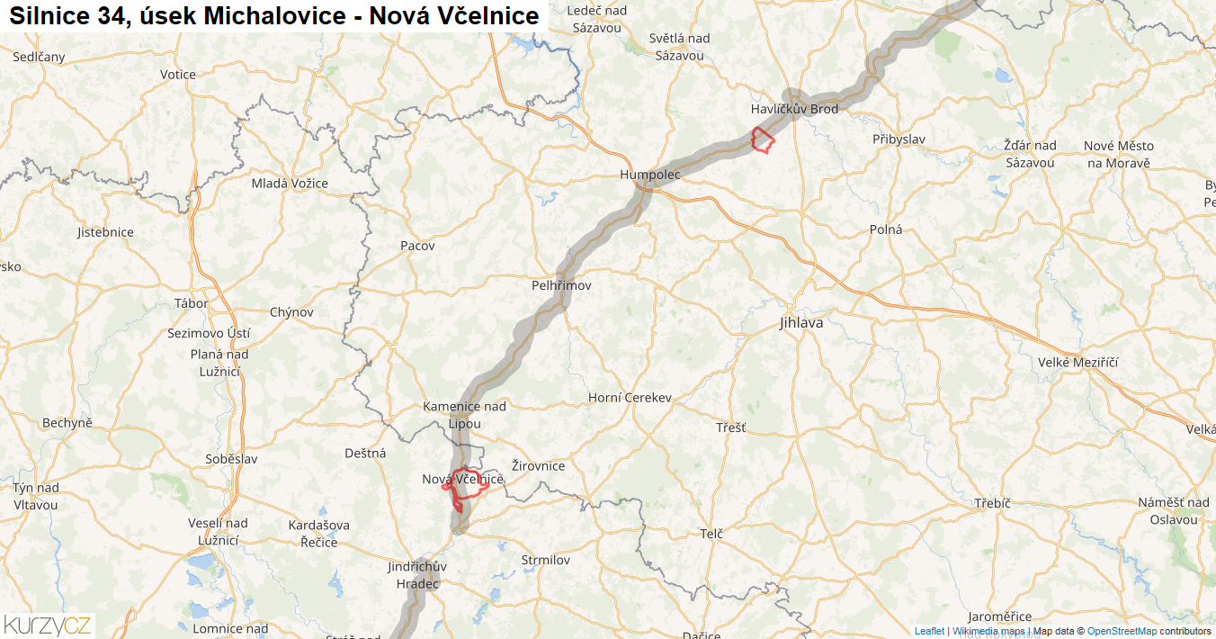 Úsek Michalovice - Nová Včelnice, Silnice 34 - Mapa