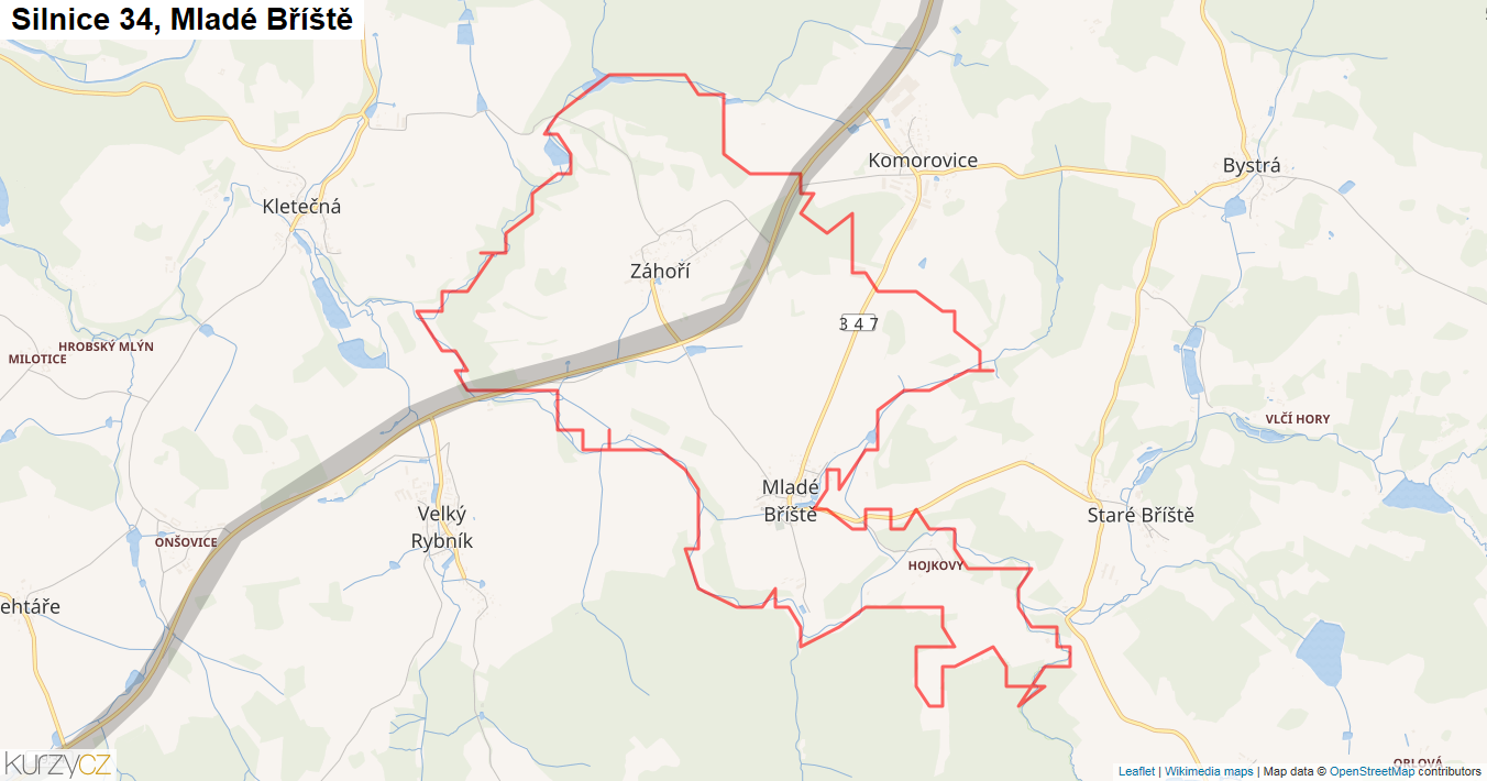 Mladé Bříště, Silnice 34 - Mapa