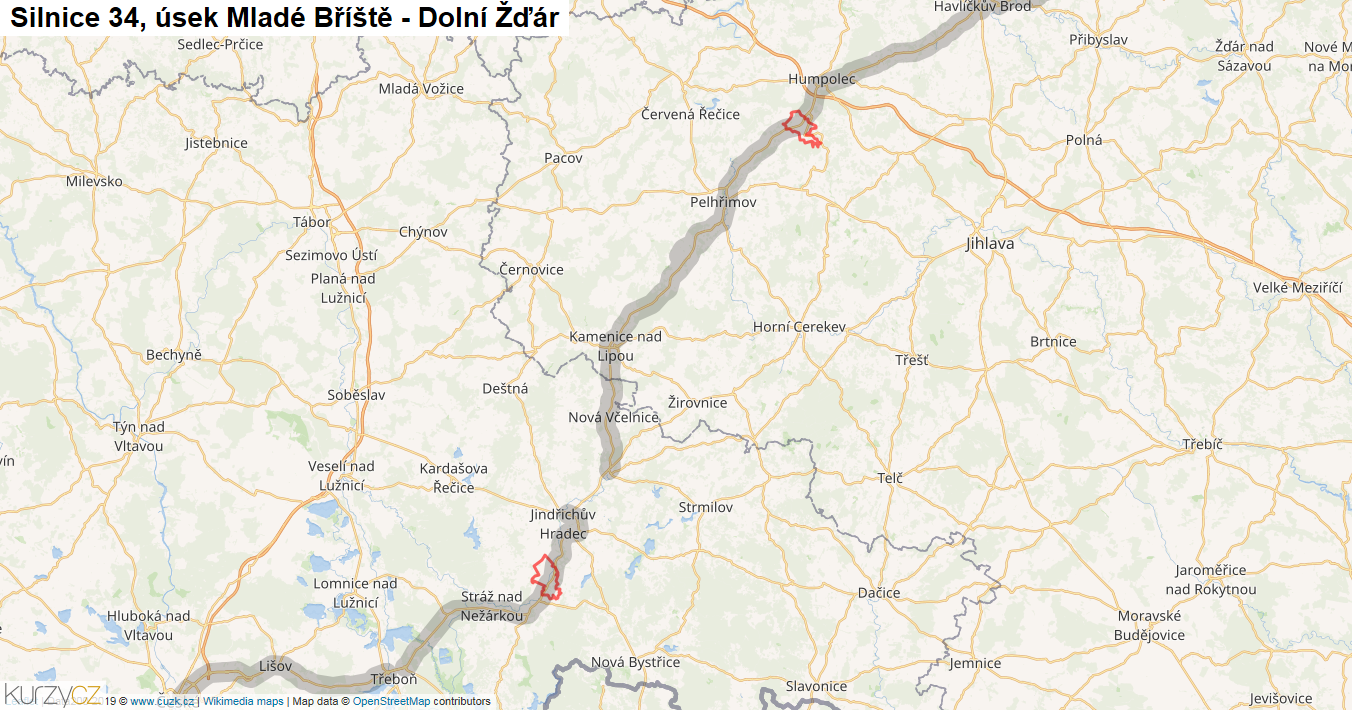Úsek Mladé Bříště - Dolní Žďár, Silnice 34 - Mapa