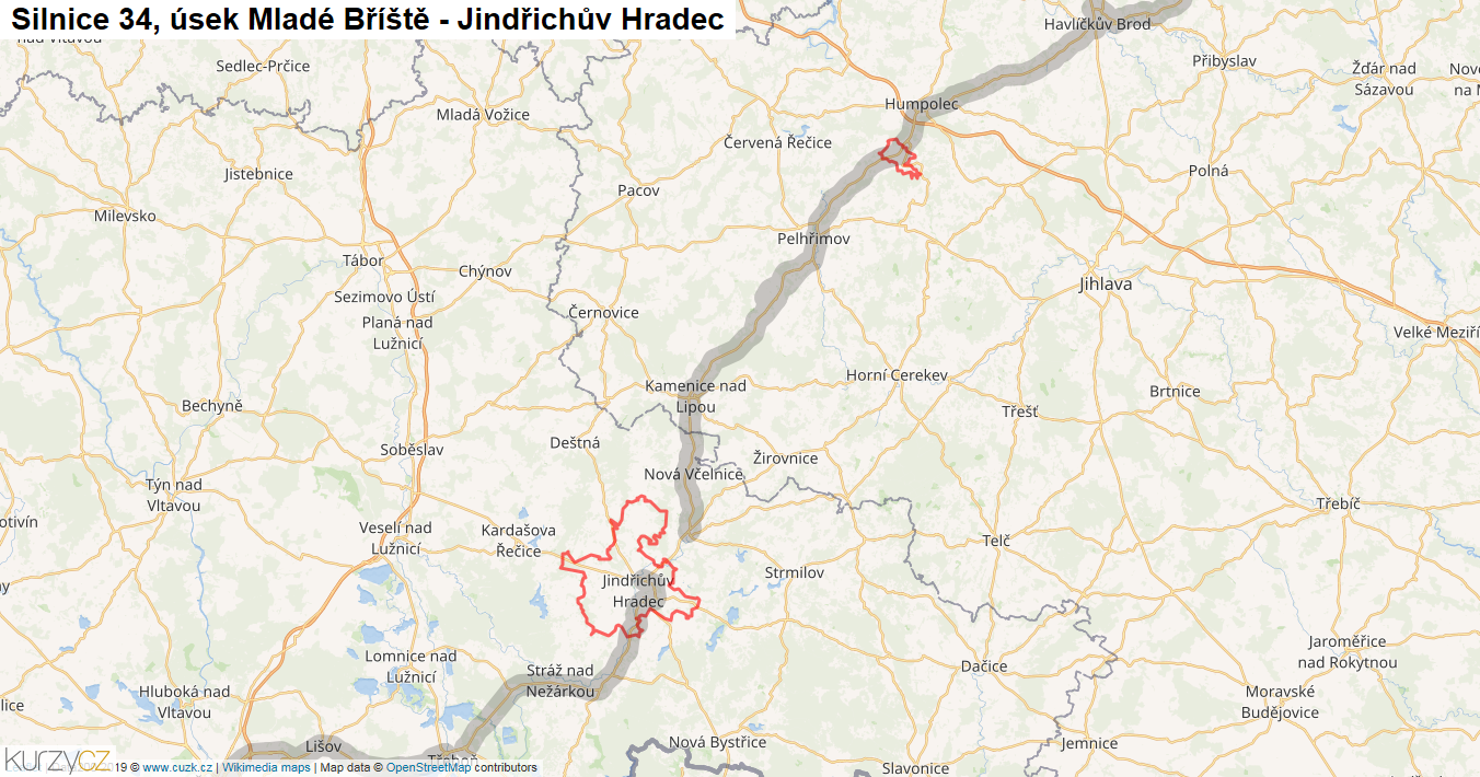 Úsek Mladé Bříště - Jindřichův Hradec, Silnice 34 - Mapa