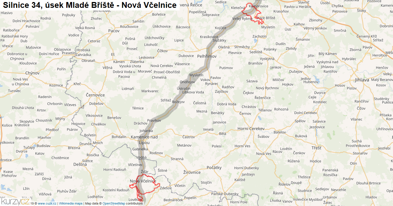 Úsek Mladé Bříště - Nová Včelnice, Silnice 34 - Mapa