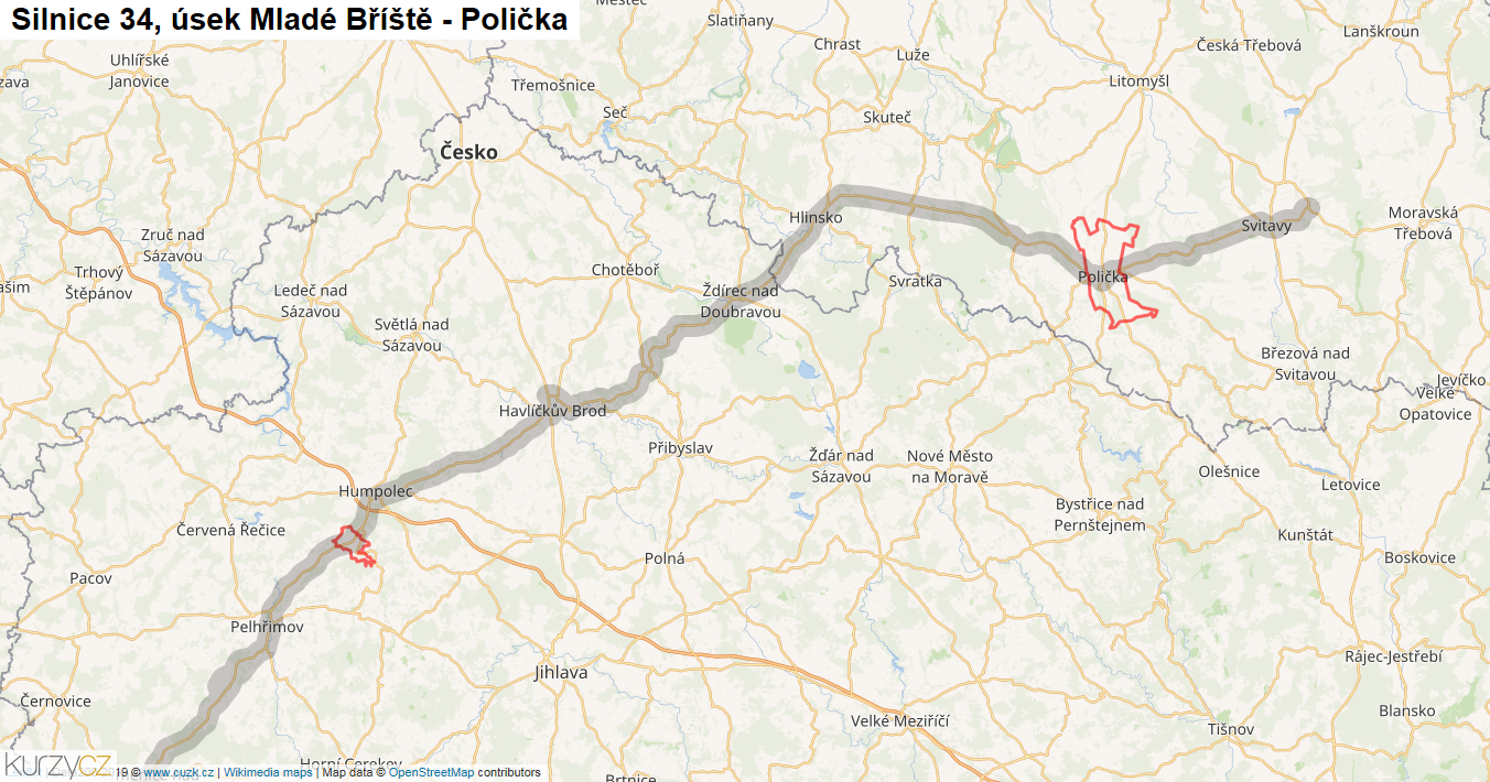 Úsek Mladé Bříště - Polička, Silnice 34 - Mapa
