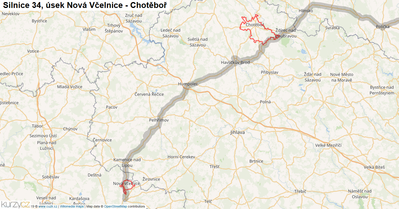 Úsek Nová Včelnice - Chotěboř, Silnice 34 - Mapa