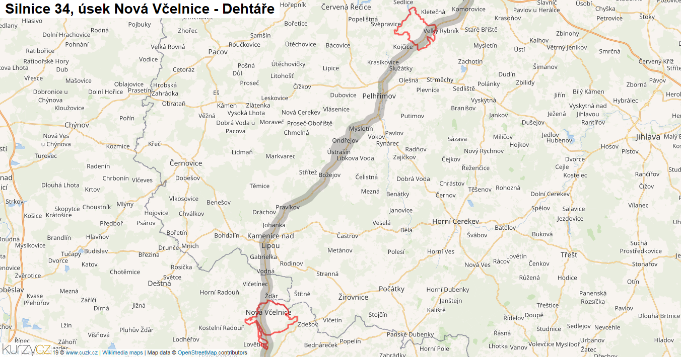 Úsek Nová Včelnice - Dehtáře, Silnice 34 - Mapa