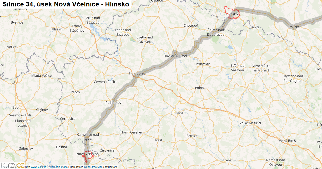 Úsek Nová Včelnice - Hlinsko, Silnice 34 - Mapa