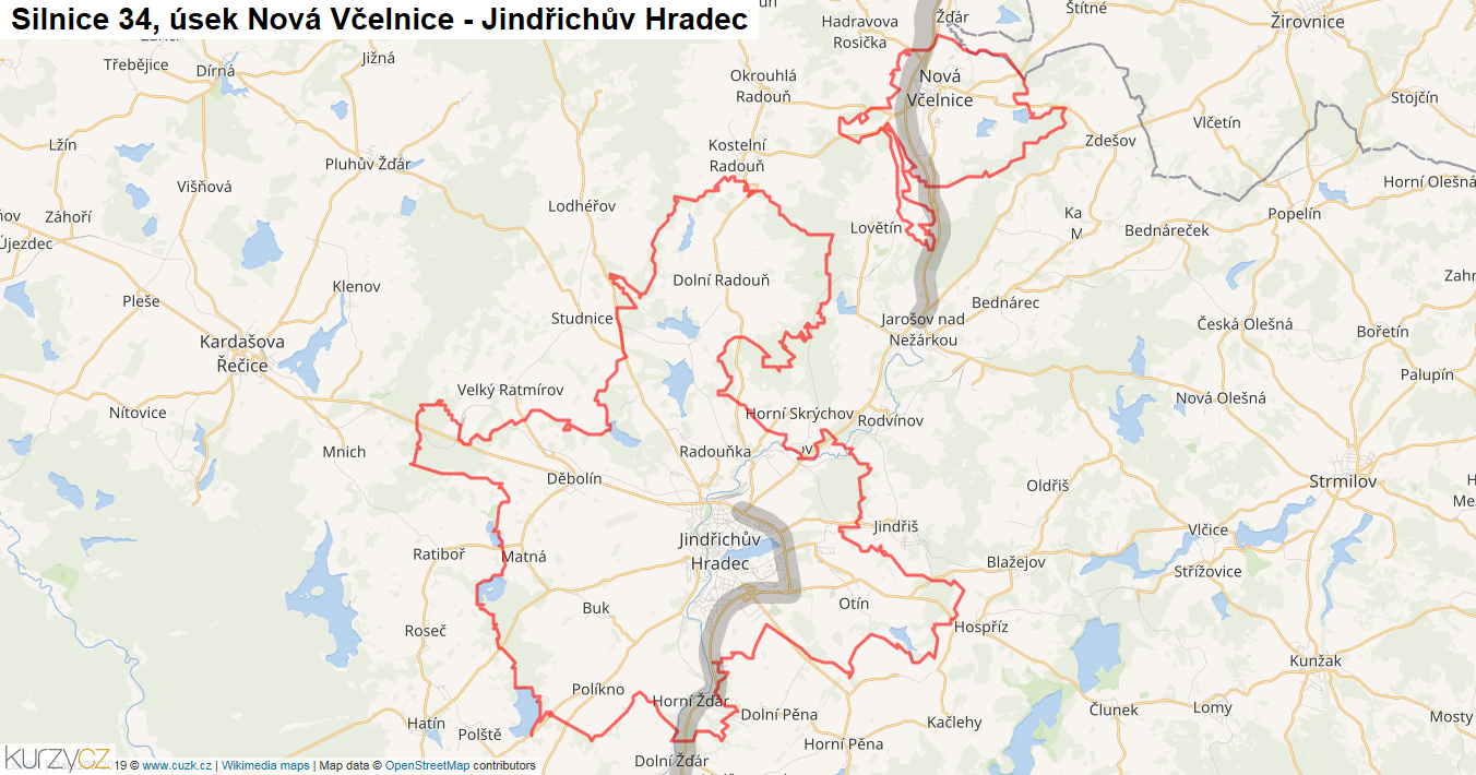 Úsek Nová Včelnice - Jindřichův Hradec, Silnice 34 - Mapa