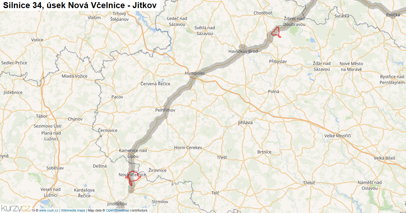 Úsek Nová Včelnice - Jitkov, Silnice 34 - Mapa