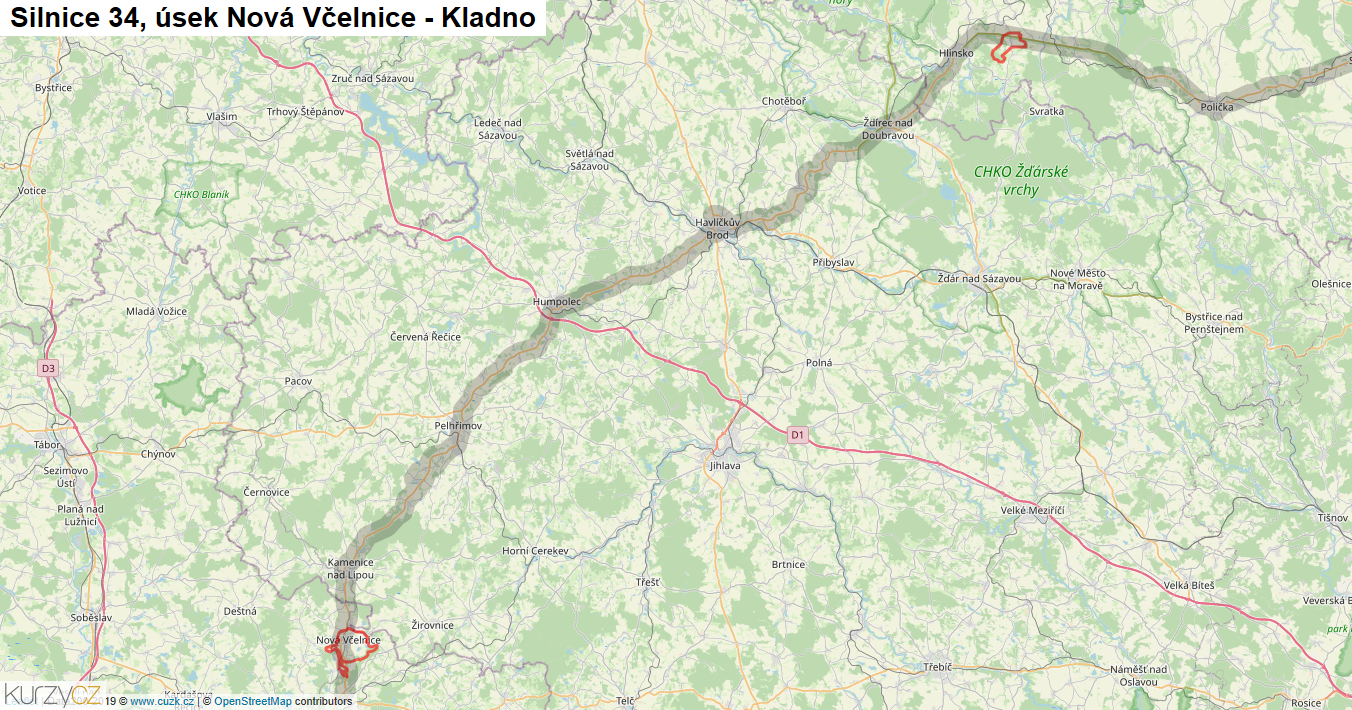 Úsek Nová Včelnice - Kladno, Silnice 34 - Mapa