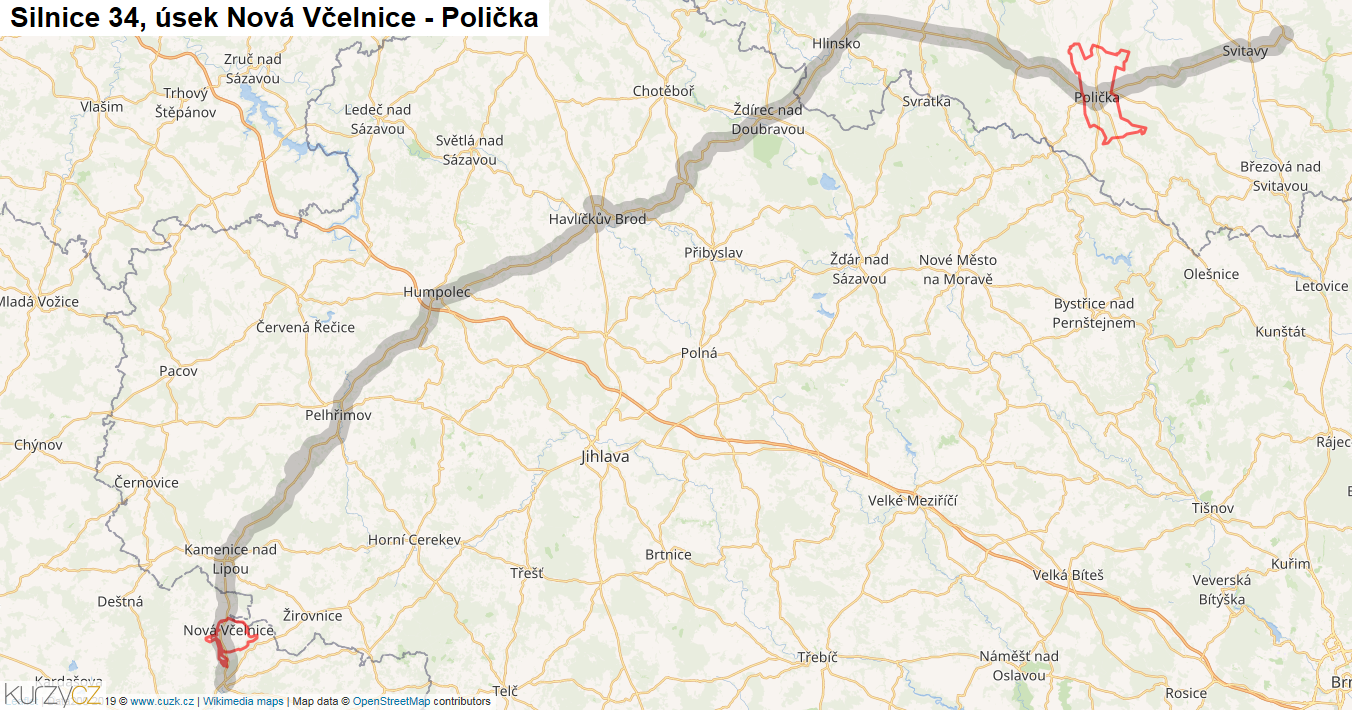 Úsek Nová Včelnice - Polička, Silnice 34 - Mapa