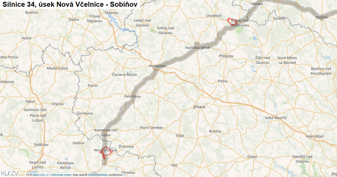 Úsek Nová Včelnice - Sobíňov, Silnice 34 - Mapa