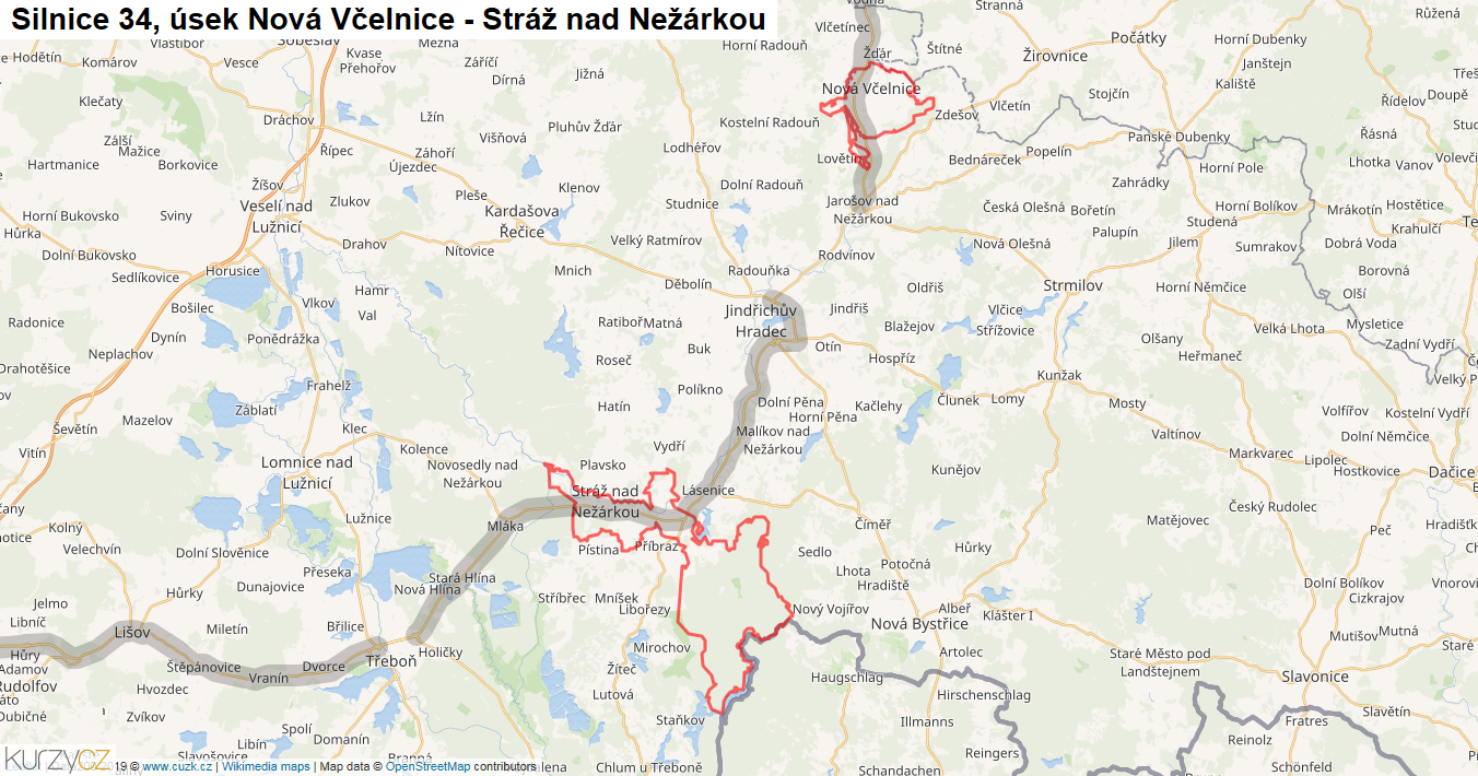 Úsek Nová Včelnice - Stráž nad Nežárkou, Silnice 34 - Mapa