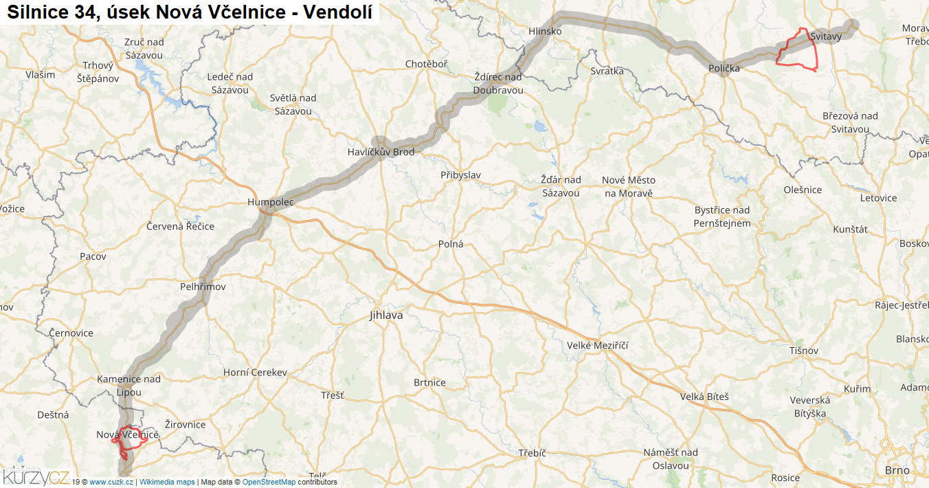 Úsek Nová Včelnice - Vendolí, Silnice 34 - Mapa