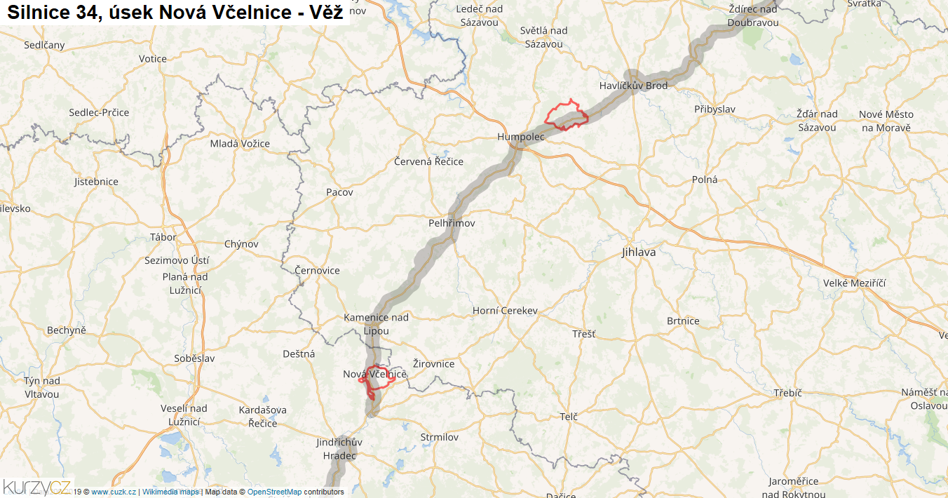 Úsek Nová Včelnice - Věž, Silnice 34 - Mapa