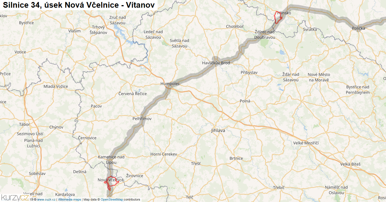 Úsek Nová Včelnice - Vítanov, Silnice 34 - Mapa