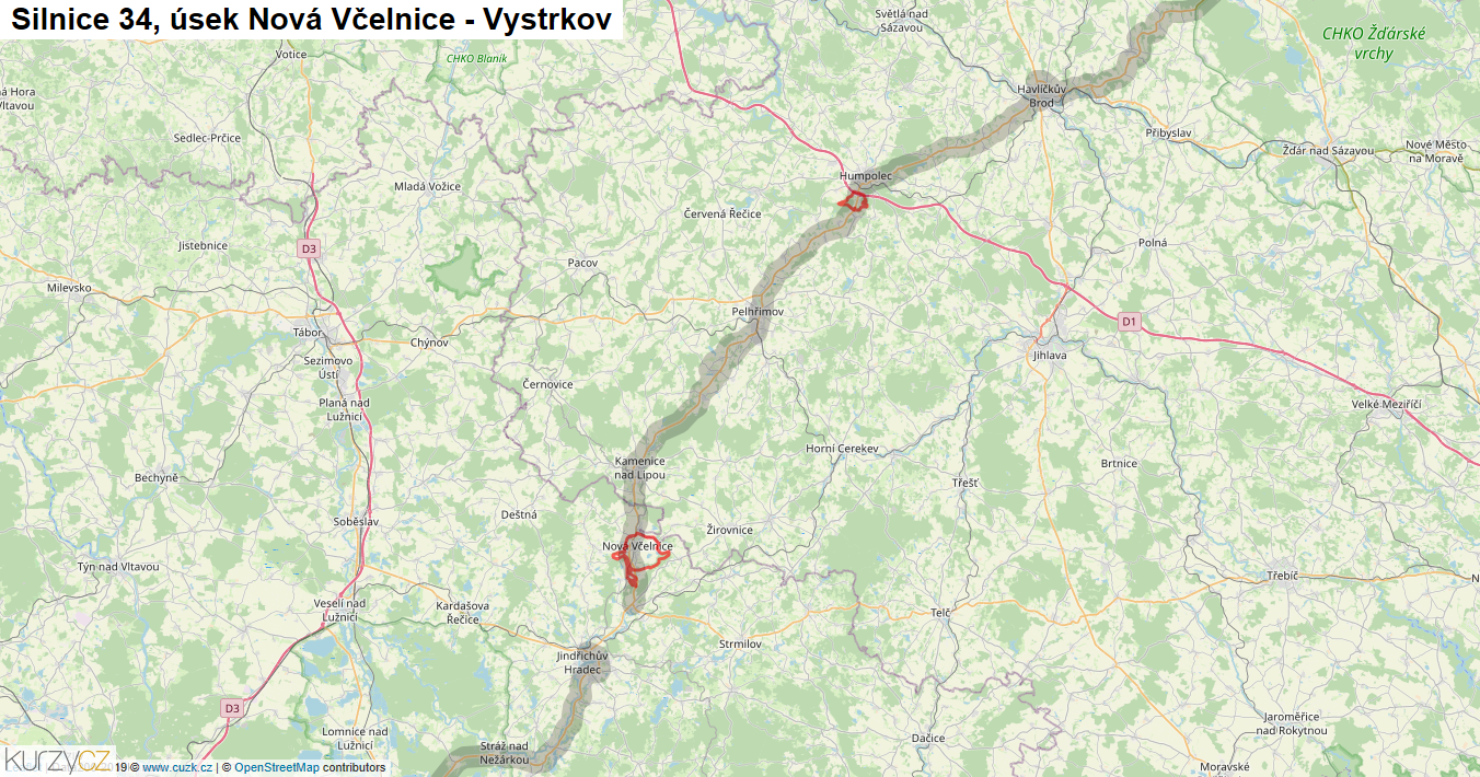 Úsek Nová Včelnice - Vystrkov, Silnice 34 - Mapa