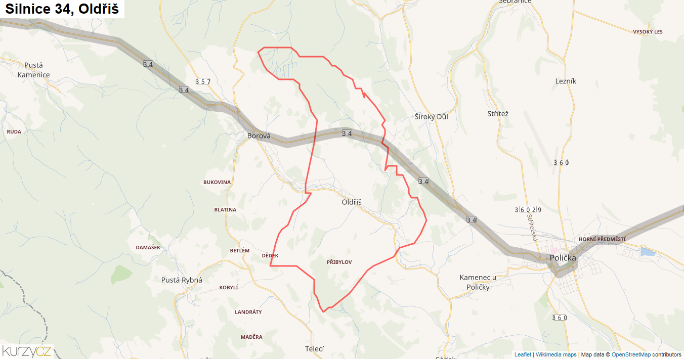 Oldřiš, Silnice 34 - Mapa
