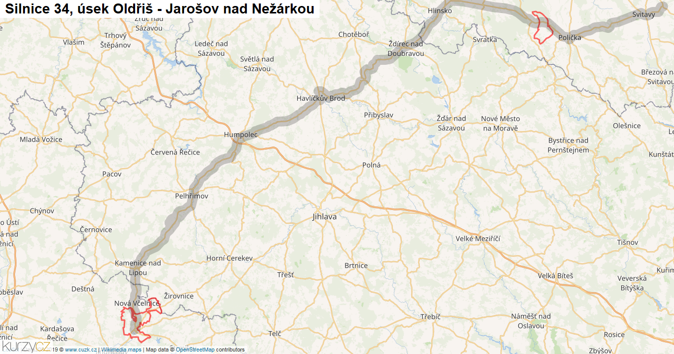 Úsek Oldřiš - Jarošov nad Nežárkou, Silnice 34 - Mapa